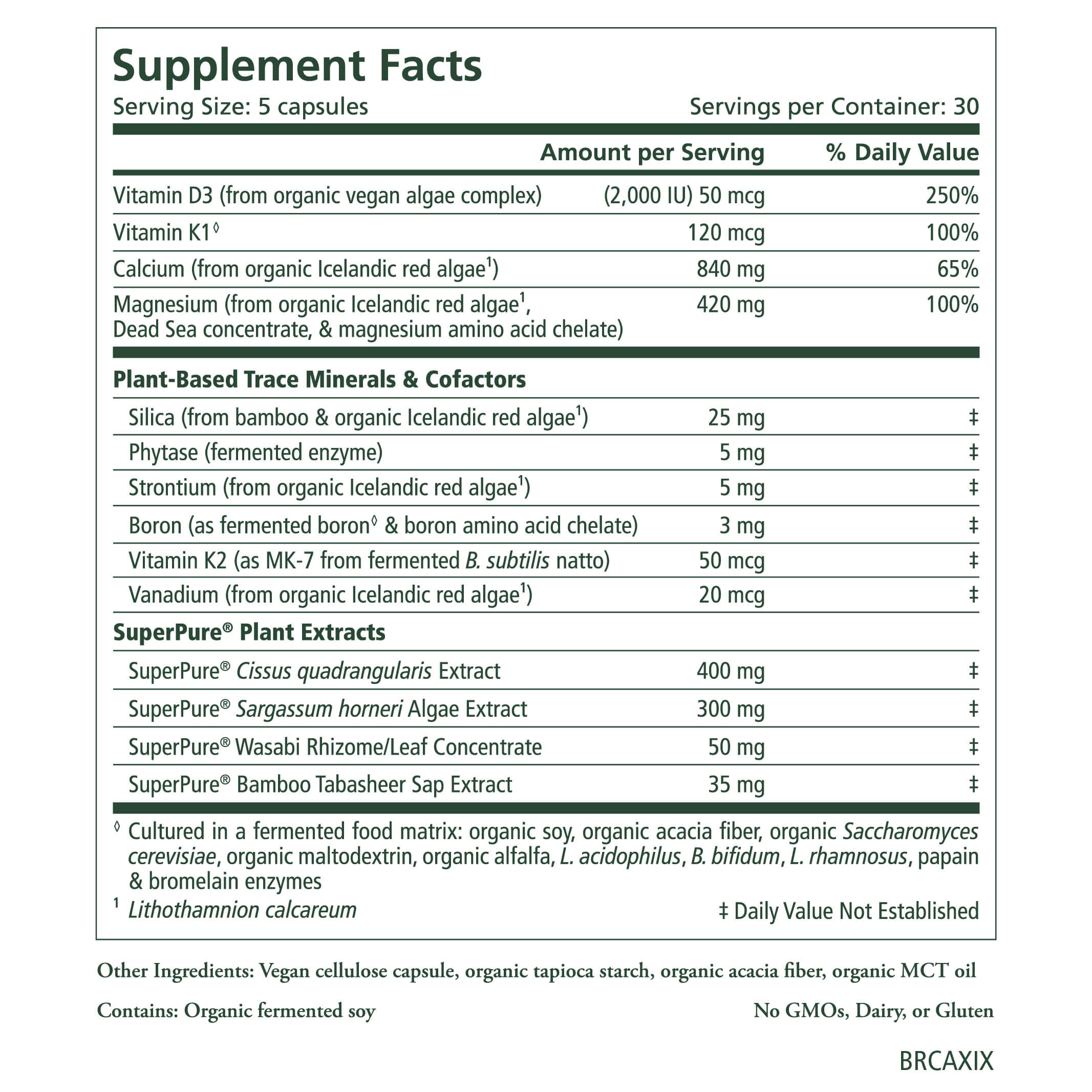 Supplement Facts label for The Synergy Company Menopause Support Bundle, showing adrenal and bone health nutrients, vitamins, minerals, plant extracts, serving size, daily values, and other ingredients in a green and black table.