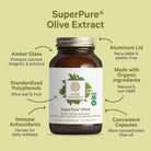 SuperPure® Olive Extract comes in a brown glass bottle featuring an amber glass construction, an aluminum lid, and contains organic ingredients. This supplement offers immune-supporting antioxidants from olive extract, is a rich source of polyphenols, and provides convenient capsules—all displayed against a beige background.