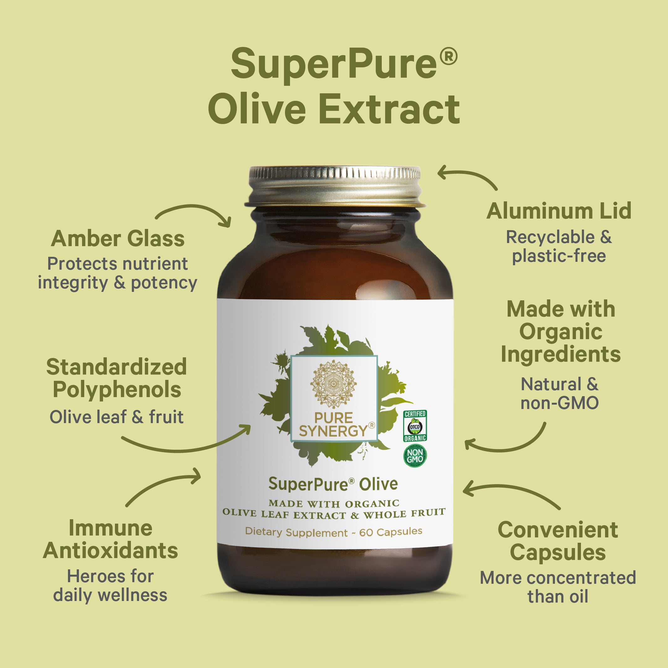 SuperPure® Olive Extract comes in a brown glass bottle featuring an amber glass construction, an aluminum lid, and contains organic ingredients. This supplement offers immune-supporting antioxidants from olive extract, is a rich source of polyphenols, and provides convenient capsules—all displayed against a beige background.