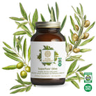 A brown bottle of SuperPure® Olive Extract—rich in antioxidants and potent polyphenols from pure olive extract—is displayed alongside illustrated olive branches and certification icons for USDA Organic and Non-GMO.