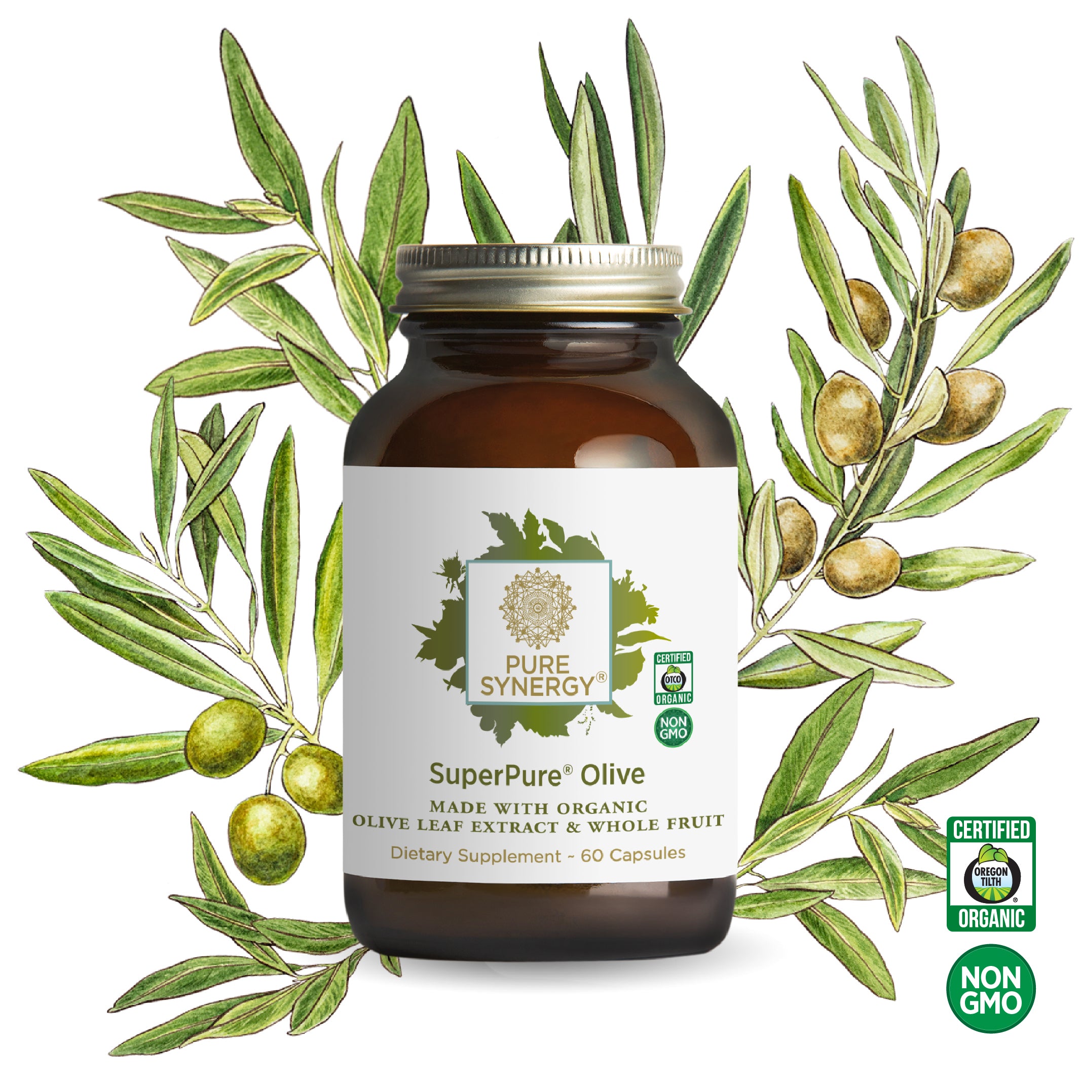 A brown bottle of SuperPure® Olive Extract—rich in antioxidants and potent polyphenols from pure olive extract—is displayed alongside illustrated olive branches and certification icons for USDA Organic and Non-GMO.