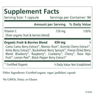 Supplement facts label for Pure Radiance C® Capsules by The Synergy Company, a vegan capsule with 90 servings. Contains 120 mg of essential vitamin C and a 650 mg blend of organic fruits, including organic camu camu and acerola cherry extracts. Label notes no GMOs, dairy, or gluten.