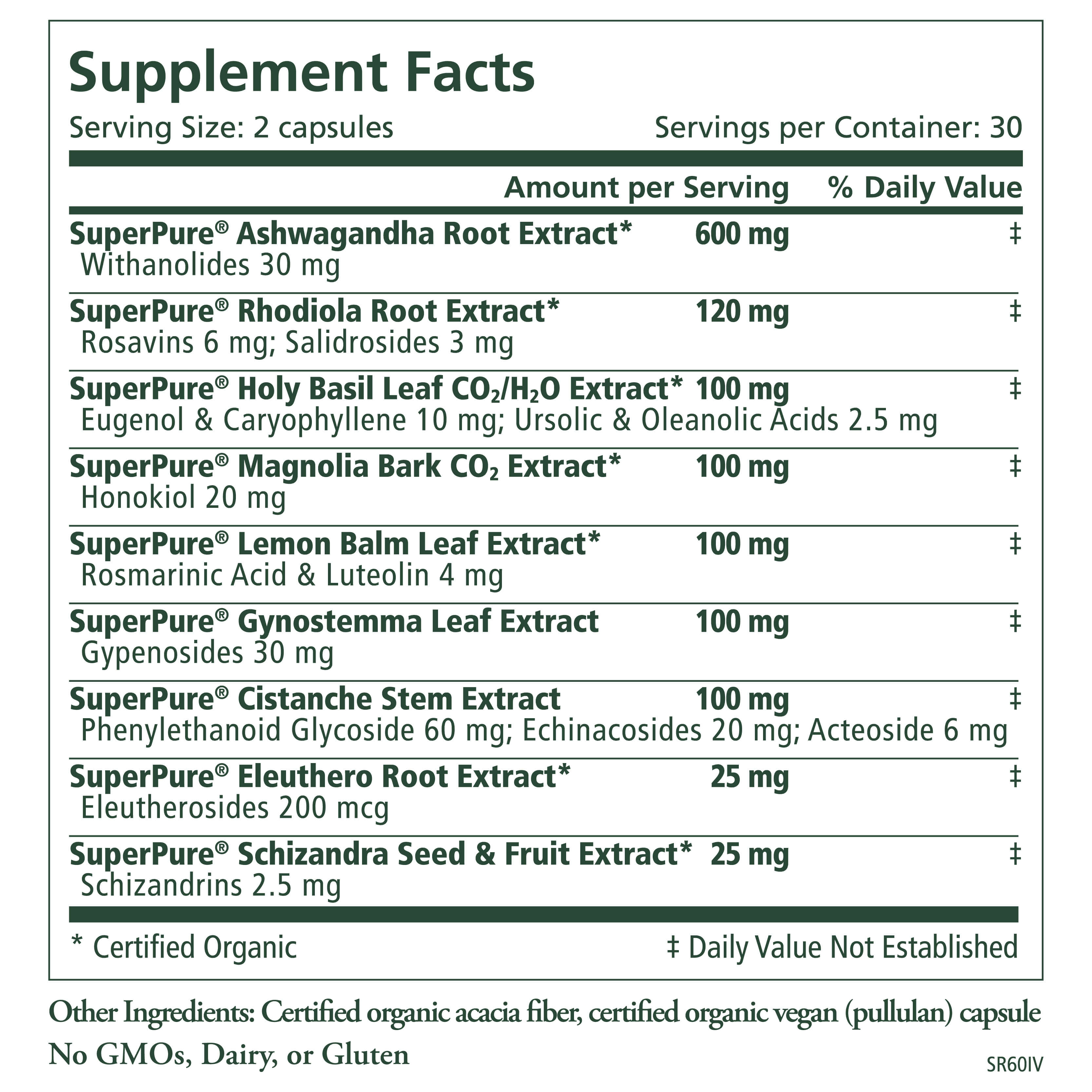 The Synergy Company Menopause Support Bundle Supplement Facts label details serving size, servings per container, and amounts of certified organic herbal extracts per serving such as Ashwagandha, Rhodiola, Holy Basil, Lemon Balm, and others for adrenal and menopause support.