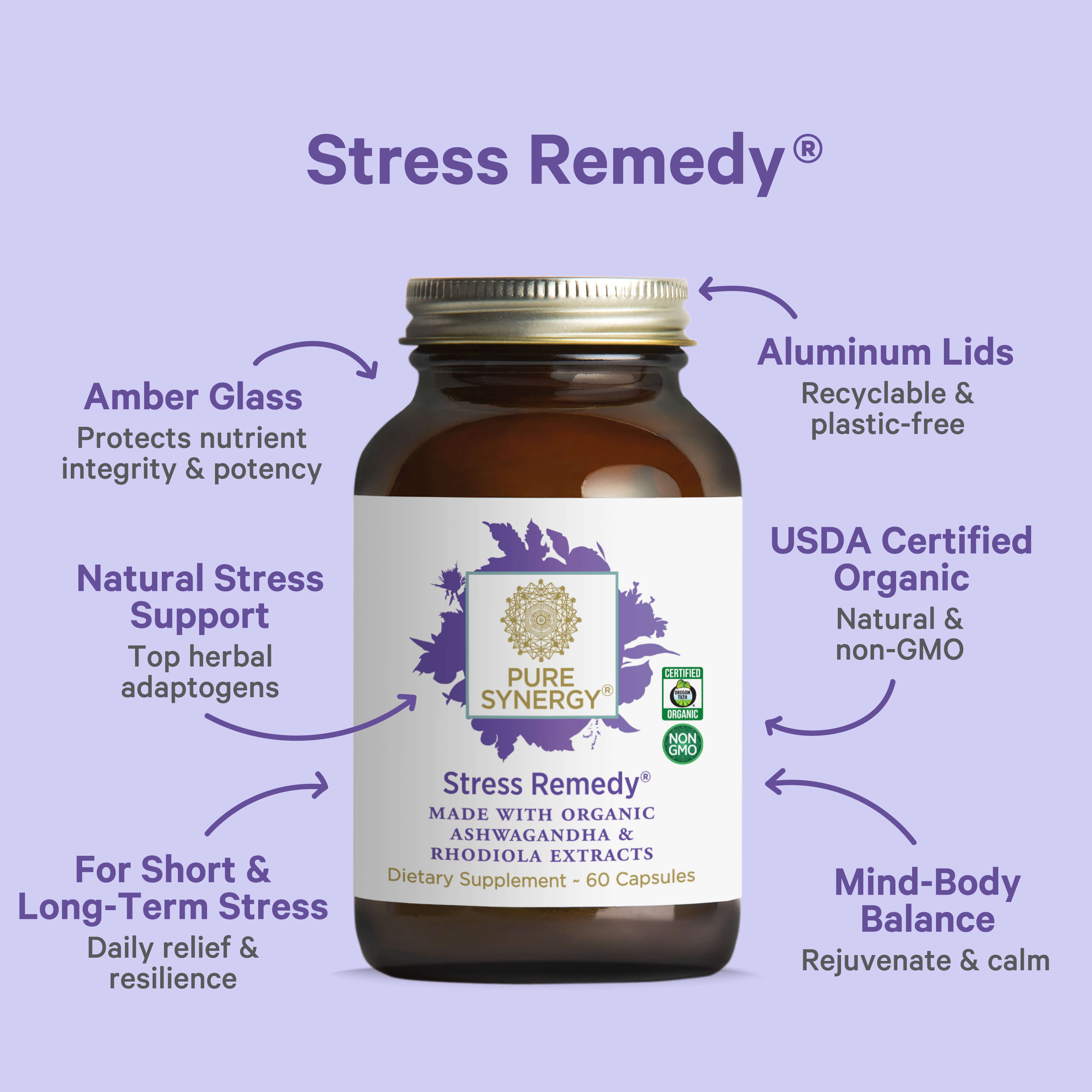 A brown glass bottle labeled Menopause Support Bundle by The Synergy Company is centered on a purple background, with text around it highlighting benefits like hormone balance, mood support, and recyclable packaging. Purple arrows point to each benefit.
