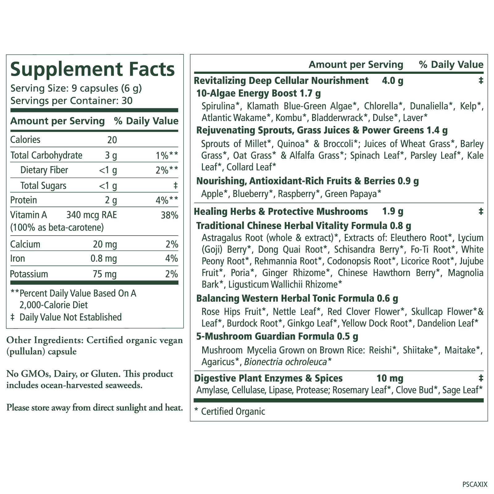 Pure Synergy® Organic Superfood Capsules by The Synergy Company: supplement facts label details serving size, nutrients, breakdown of super greens proprietary blends with ingredient percentages, notes on organic ingredients, and allergen info.