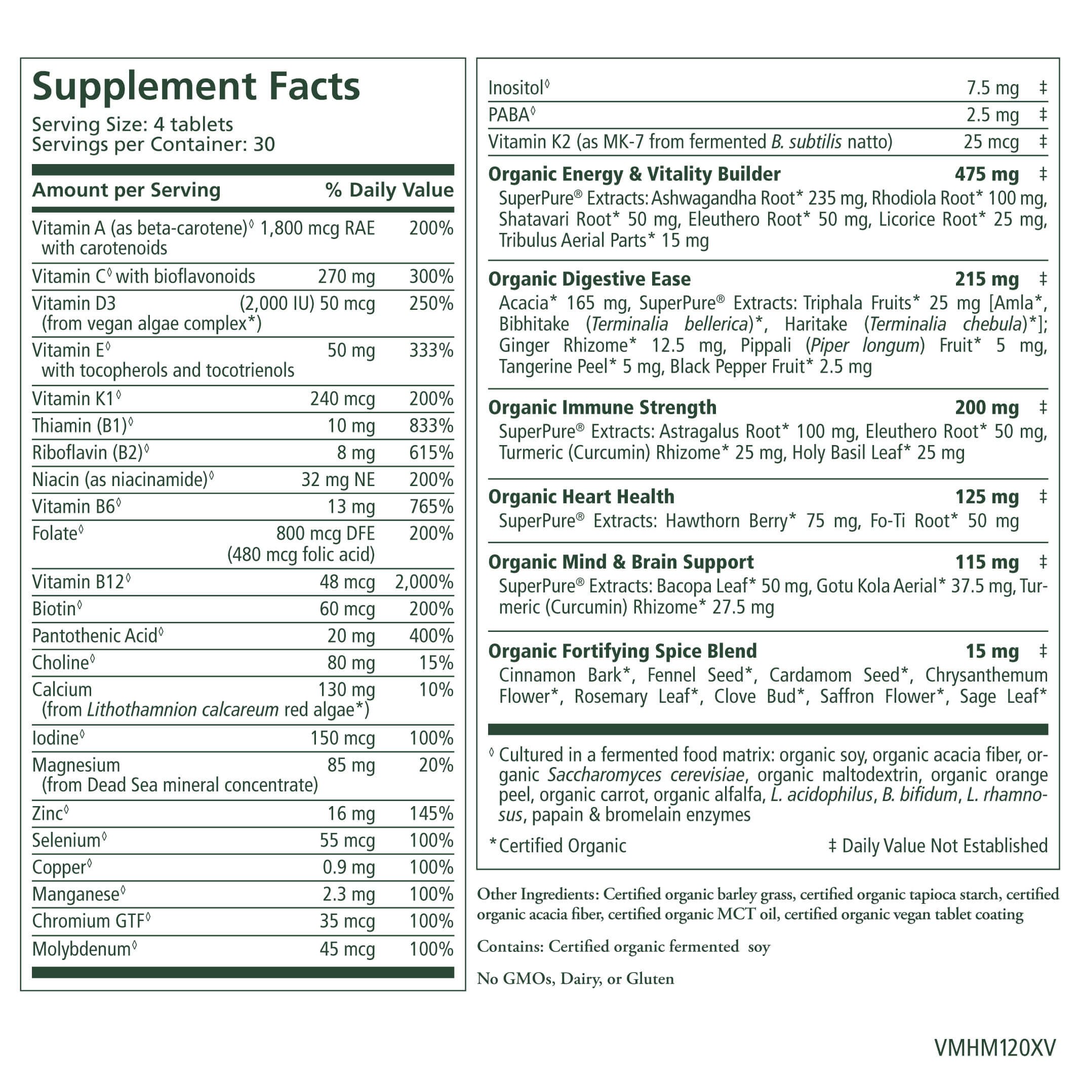 Vita•Min•Herb® For Men by The Synergy Company has a supplement facts label showing amounts and daily values per 4-tablet serving, with fermented vitamins, B-complex, magnesium, plant extracts, enzymes, herbal blends, and organic ingredient notes.