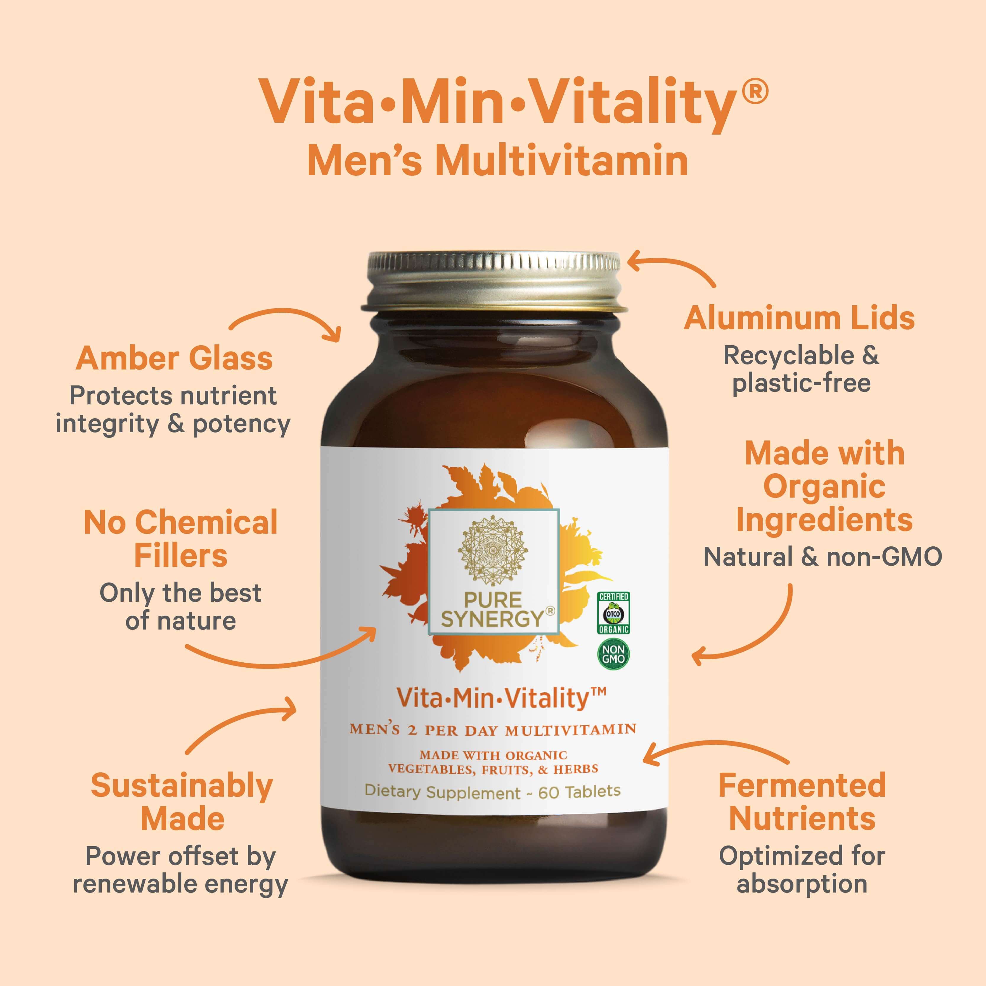 The image showcases a bottle of The Synergy Company's Vita•Min•Vitality® For Men multivitamin. It features an amber glass design with aluminum lids and is made with sustainable, organic ingredients. This product is crafted to enhance energy levels and support hormone health using fermented nutrients, without any chemical fillers.