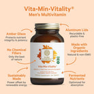 The Synergy Companys Vita•Min•Vitality® For Men is showcased in amber glass with sustainable aluminum lids, featuring organic ingredients and no chemical fillers. Enhanced with adaptogen extracts for hormone health, it contains 60 tablets.