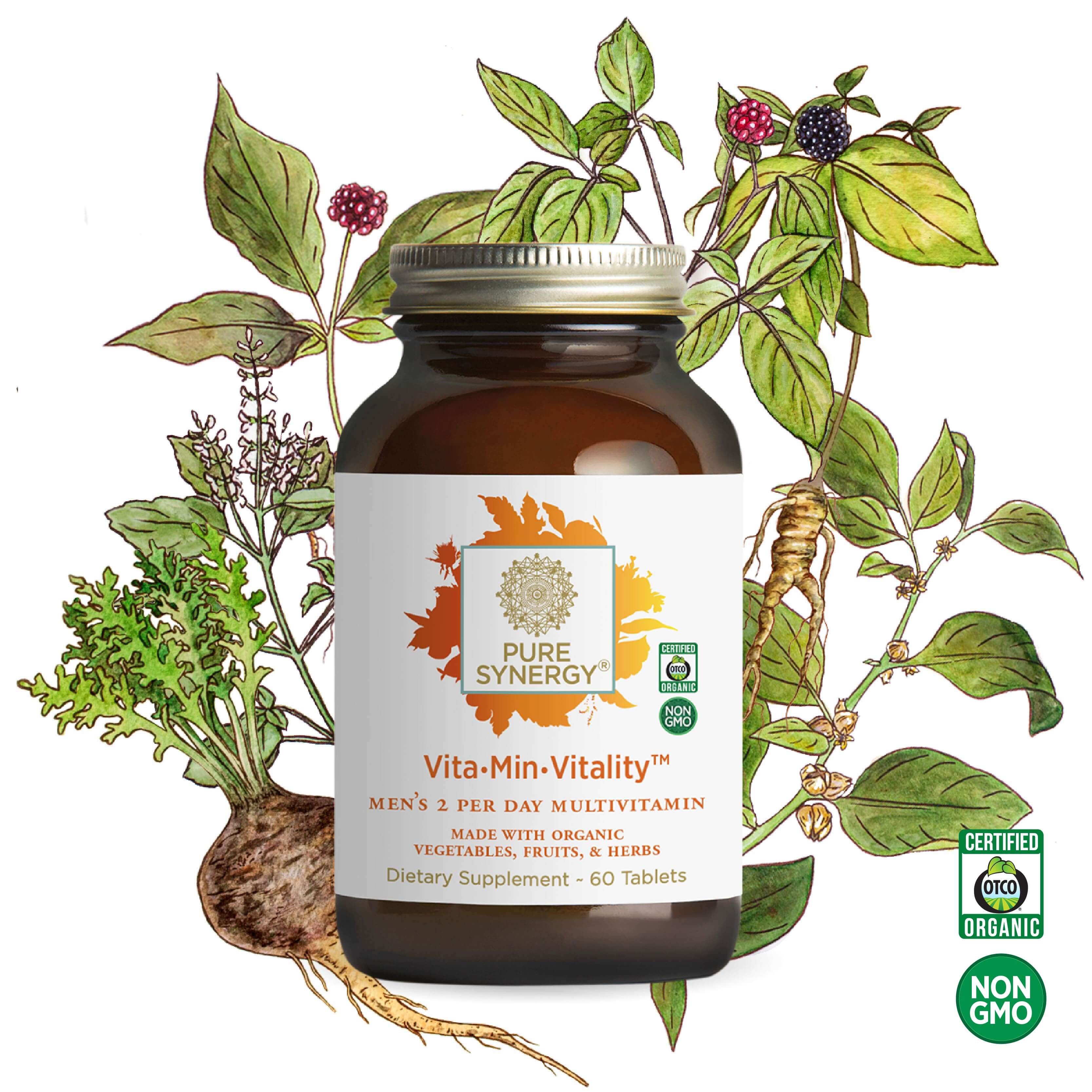 A bottle of The Synergy Company's Vita•Min•Vitality® For Men's multivitamin tablets, enriched with adaptogen extracts. The label highlights its organic and non-GMO certifications, set against a background featuring illustrations of various plants and roots.