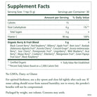 Organic Berry Power™ by The Synergy Company features a Supplement Facts label with 1 tsp (5g) serving size, 30 servings per container, 19 calories, 4g total carbs, 2g sugars, and 90mg vitamin C per serving—rich in organic superfruits and antioxidants.