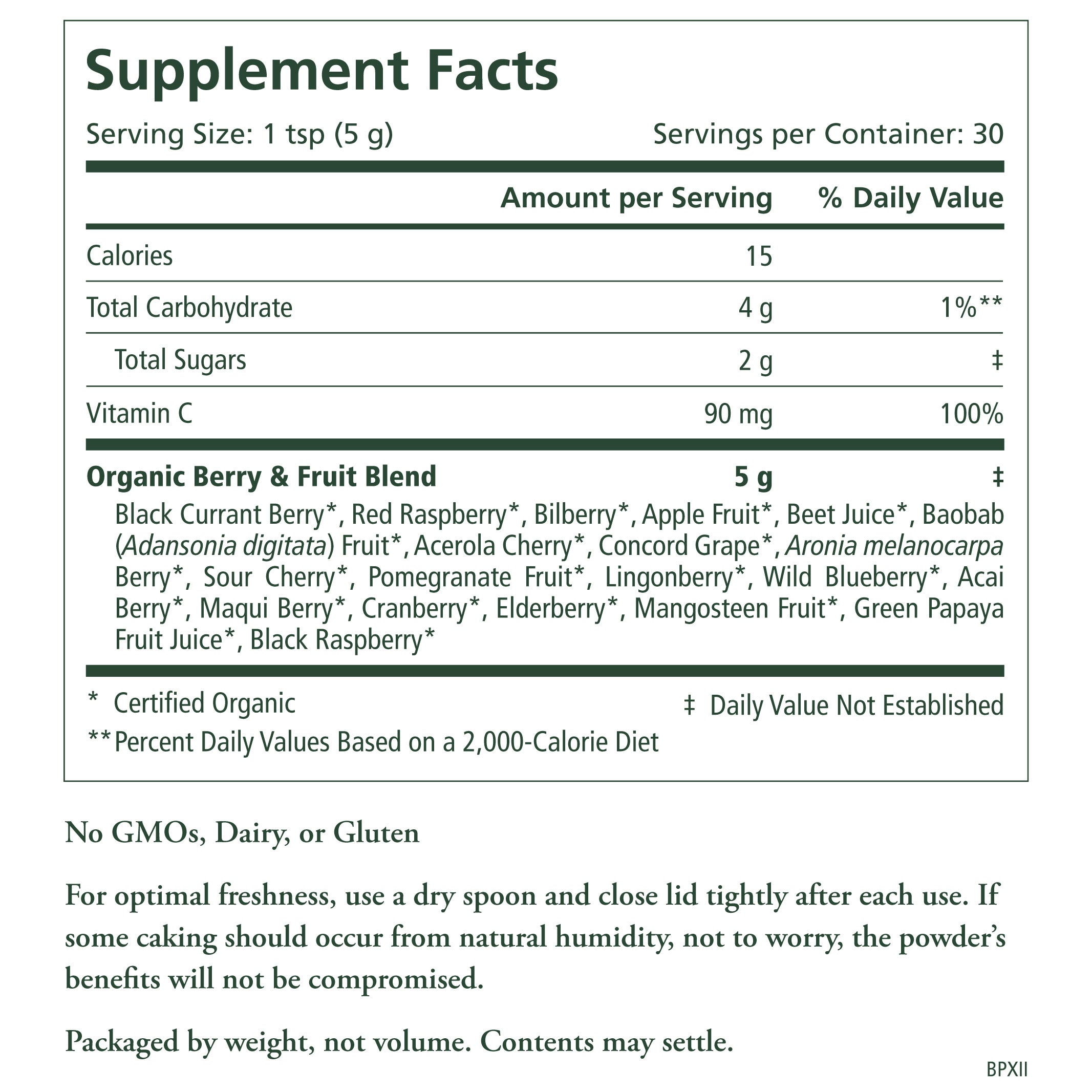 Organic Berry Power™ by The Synergy Company features a Supplement Facts label with 1 tsp (5g) serving size, 30 servings per container, 19 calories, 4g total carbs, 2g sugars, and 90mg vitamin C per serving—rich in organic superfruits and antioxidants.