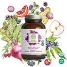 A bottle of The Synergy Company Organic Berry Power™ is surrounded by vibrant beets, apples, and pomegranate. USDA Organic and Non-GMO icons showcase this wellness essential packed with antioxidants from superfruits and veggies.