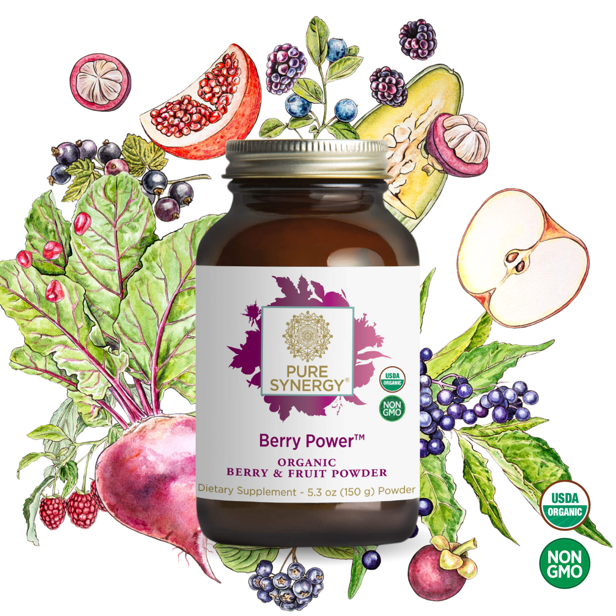 A bottle of The Synergy Company Organic Berry Power™ is surrounded by vibrant beets, apples, and pomegranate. USDA Organic and Non-GMO icons showcase this wellness essential packed with antioxidants from superfruits and veggies.