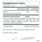 The Pure Radiance C® Capsules Supplement Facts label lists 90 mg natural vitamin C (100% DV) from acerola cherry and a 550 mg organic fruit & berries blend with organic camu camu per capsule, plus ingredient details and allergen info.