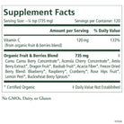Pure Radiance C® Powder supplement facts label lists serving size, servings per container, natural vitamin C from organic camu camu & acerola cherry, organic fruit & berries blend, and notes it's non-GMO, dairy-free, and gluten-free.