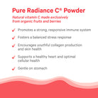 Infographic for Pure Radiance C® Powder highlights benefits: immune support, stress response, collagen, heart and cell health, gentle on stomach. Features red/pink accents. Made with natural vitamin C from acerola cherry and organic camu camu.