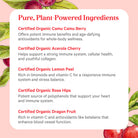 Pure Radiance C® Powder features five certified organic plant ingredients, including organic camu camu and acerola cherry, each offering natural vitamin C benefits—all presented on a floral background.