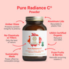A brown glass jar labeled Pure Radiance C® Powder sits amid text spotlighting its organic camu camu and acerola cherry ingredients, plus eco-friendly, chemical-free packaging.