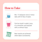 Instructional graphic: Mix 1/4 teaspoon of Pure Radiance C® Powder with water, juice, or a smoothie daily; for best results, use consistently.