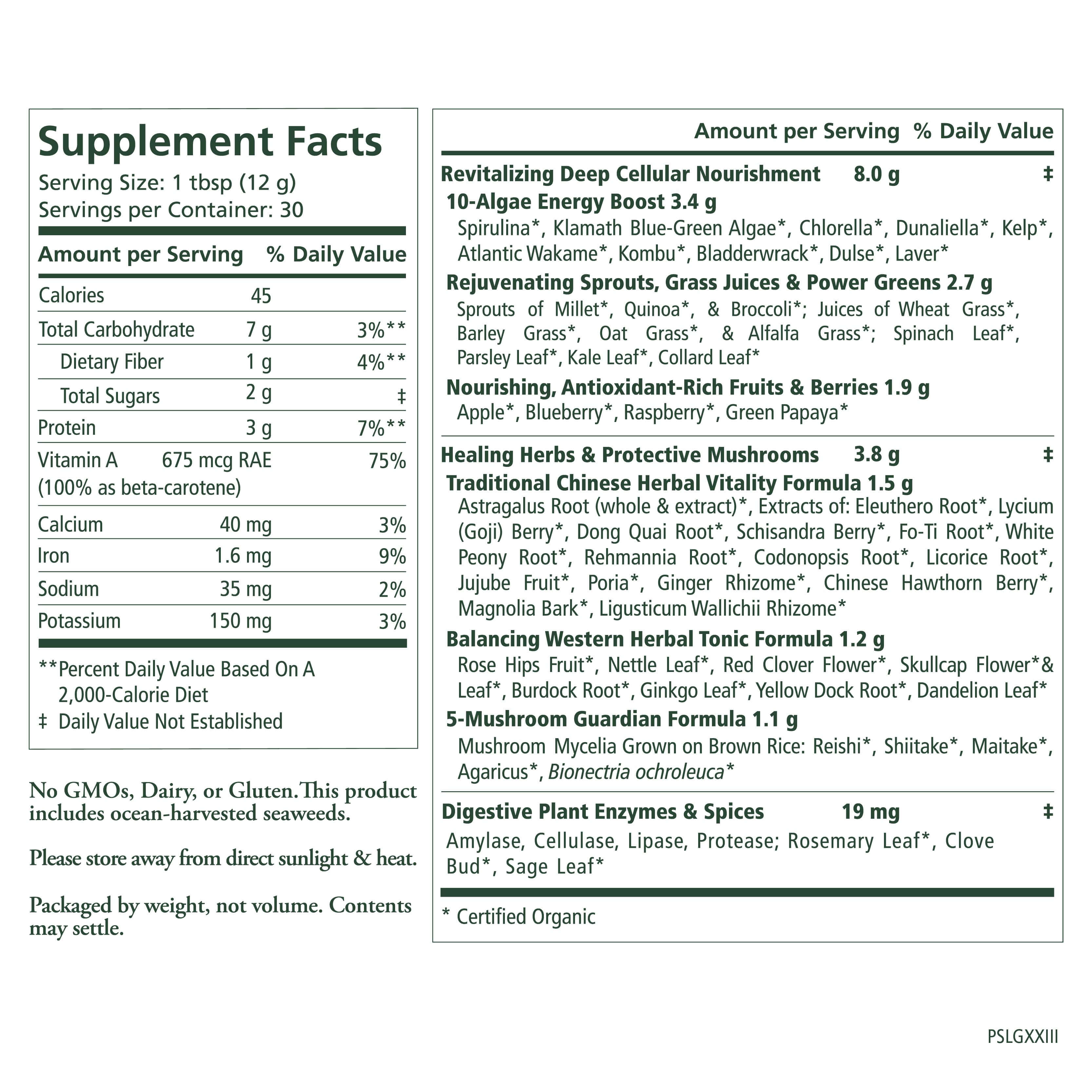 Supplement Facts label for Pure Synergy® Organic Superfood 12.5 oz Powder by The Synergy Company, providing nutrition per 1 tbsp (12g), plus a list of organic super greens, fruits, algae, herbs, and botanicals in this powerful blend.