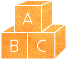 Illustration of three orange blocks with the letters A, B, and C on them, arranged in a pyramid shape. The blocks have a textured appearance.