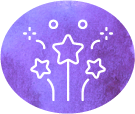 A purple watercolor circle features a white line drawing of three stars with lines, representing fireworks or celebration. Small sparkles and dots surround the stars, creating a festive look.