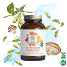A bottle of The Synergy Company D3 + K2 Complex™ is shown with organic and Non-GMO labels. The label highlights that it’s made with organic vegetables, fruits, and mushrooms. Illustrated mushrooms, soybeans, and leaves surround the bottle.