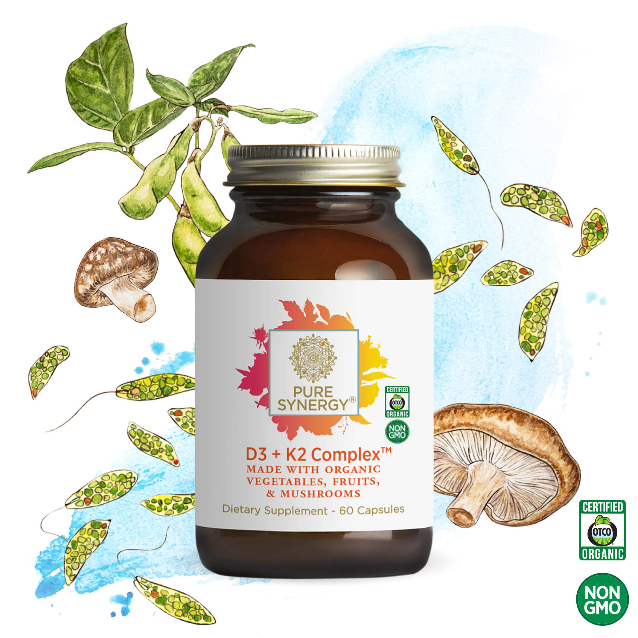 A bottle of The Synergy Company D3 + K2 Complex™ is shown with organic and Non-GMO labels. The label highlights that it’s made with organic vegetables, fruits, and mushrooms. Illustrated mushrooms, soybeans, and leaves surround the bottle.