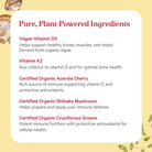 The Synergy Company D3 + K2 Complex™ highlights vegan vitamin D3, K2, organic Acerola Cherry, Shiitake Mushroom, and Cruciferous Greens—plant-powered ingredients—with descriptions on a yellow background featuring mushroom illustrations.