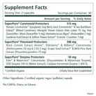 Eye Protector® Supplement Facts label with serving size lists carotenoid, flavonoid, and enzyme blends for eye health; includes organic botanical extracts, other ingredients, and dietary notes.