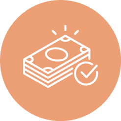 Icon of a stack of paper money with a checkmark, outlined in white on an orange circular background.