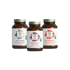 Three brown bottles from The Synergy Companys Get Well Soon Bundle are shown: Zinc Complex, Rapid Rescue®, and Pure Radiance C®. Each features a colorful leaf design and labels indicating they provide organic ingredients for immune support with vital zinc and vitamin C.