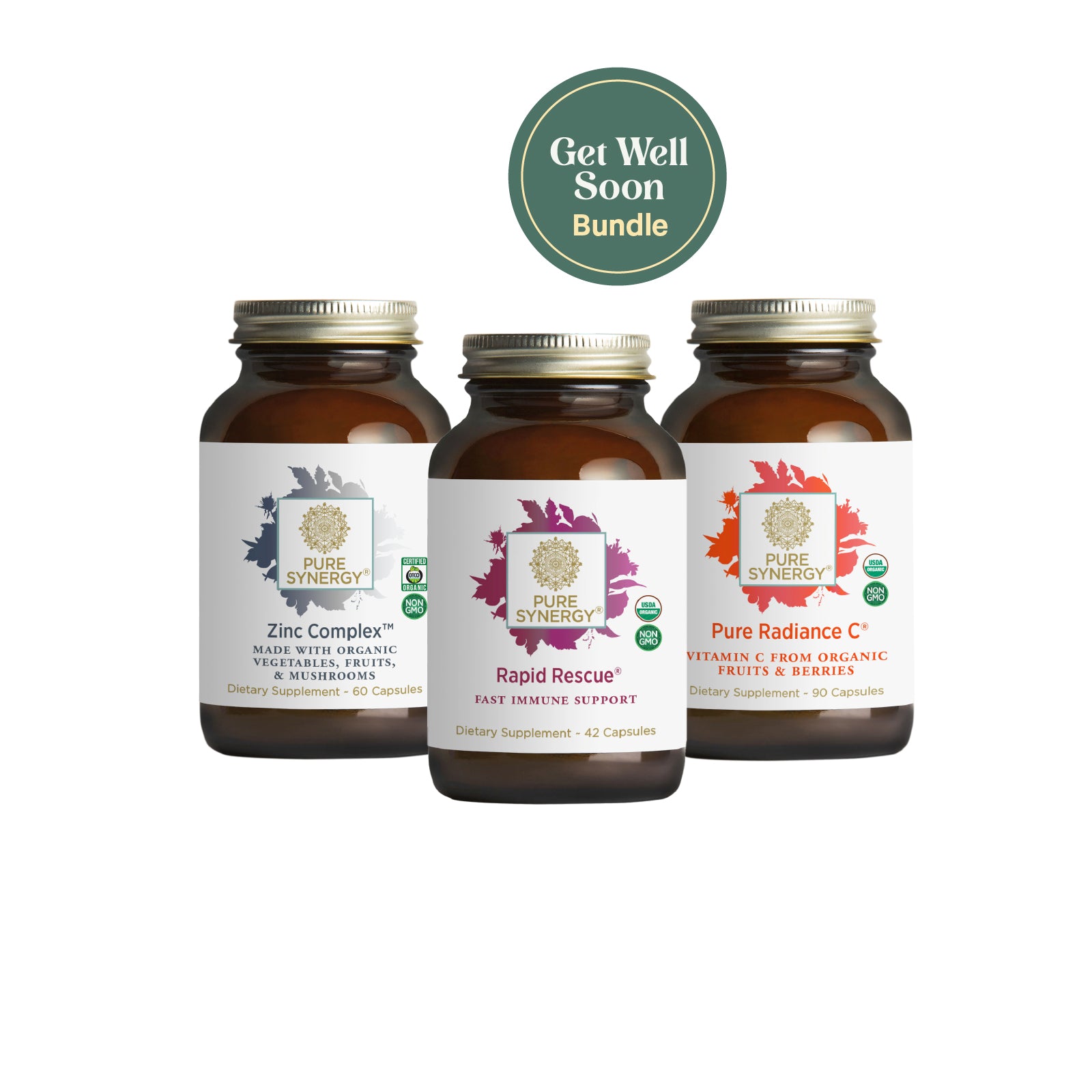 Three brown supplement bottles from The Synergy Company, labeled Zinc Complex, Rapid Rescue, and Pure Radiance C+, sit under a green Get Well Soon Bundle circle on a white background. The bundle features zinc and vitamin C for immune support.