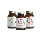Three brown glass bottles of The Synergy Companys Get Well Soon Bundle—Zinc Complex+, Rapid Rescue, and Pure Radiance C+—are shown side by side on a white background for daily immune support and Vitamin C.