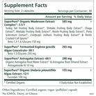 The Supplement Facts label for Immune Health™ from The Synergy Company includes dietary ingredients such as SuperPure Organic Mushroom Extract Complex, Fermented Euglena gracilis Algae Concentrate, and Astragalus Extract. It provides information on serving size, ingredient amounts, and the number of capsules per container to support immune health.