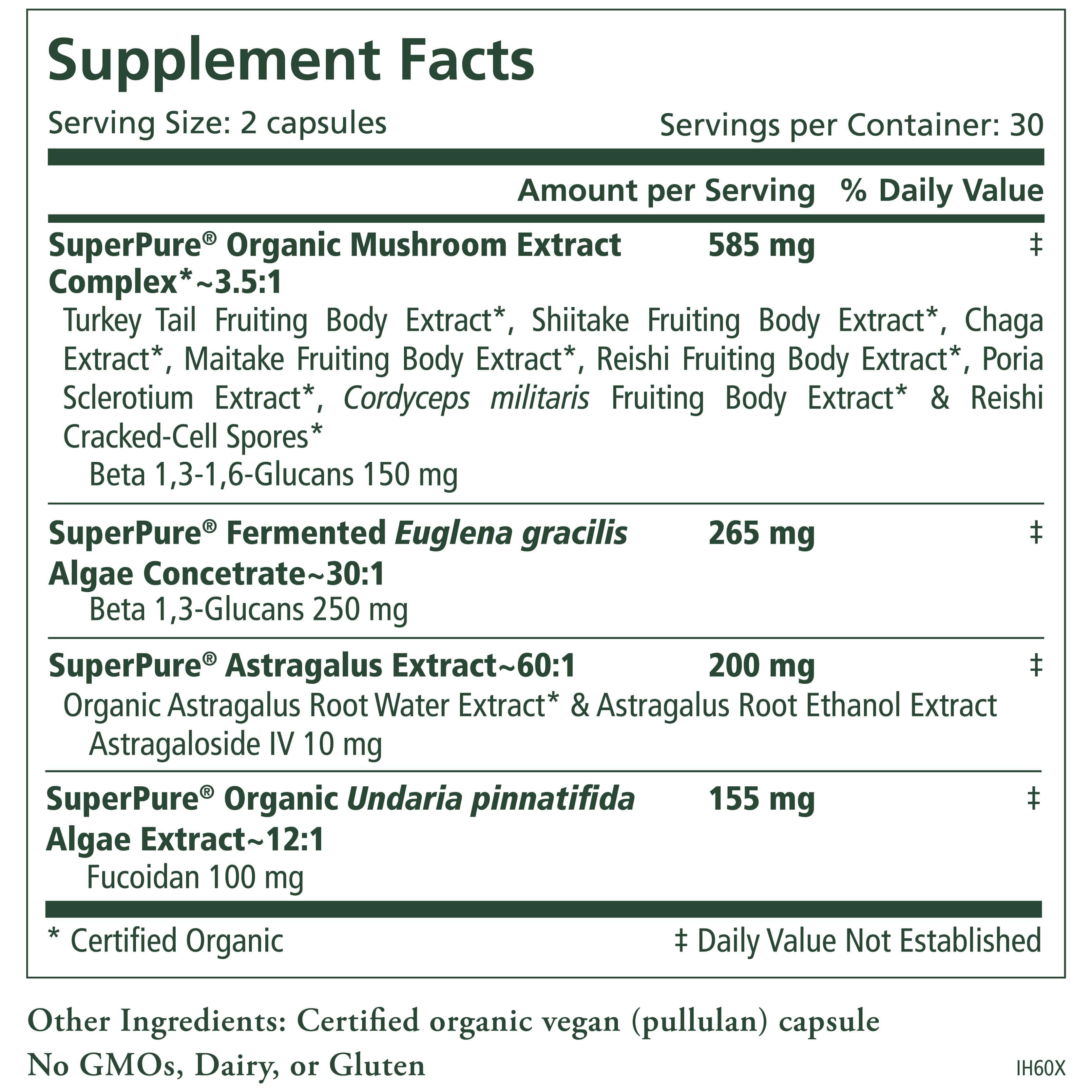 The Supplement Facts label for Immune Health™ from The Synergy Company includes dietary ingredients such as SuperPure Organic Mushroom Extract Complex, Fermented Euglena gracilis Algae Concentrate, and Astragalus Extract. It provides information on serving size, ingredient amounts, and the number of capsules per container to support immune health.