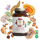 A bottle of Immune Health™ by The Synergy Company is adorned with illustrations of mushrooms and plants, emphasizing its organic mushroom extracts. The label highlights immune intelligence and a non-GMO certification. Each capsule contains 400 mg of beta-glucans, and the product includes a total of 60 capsules.