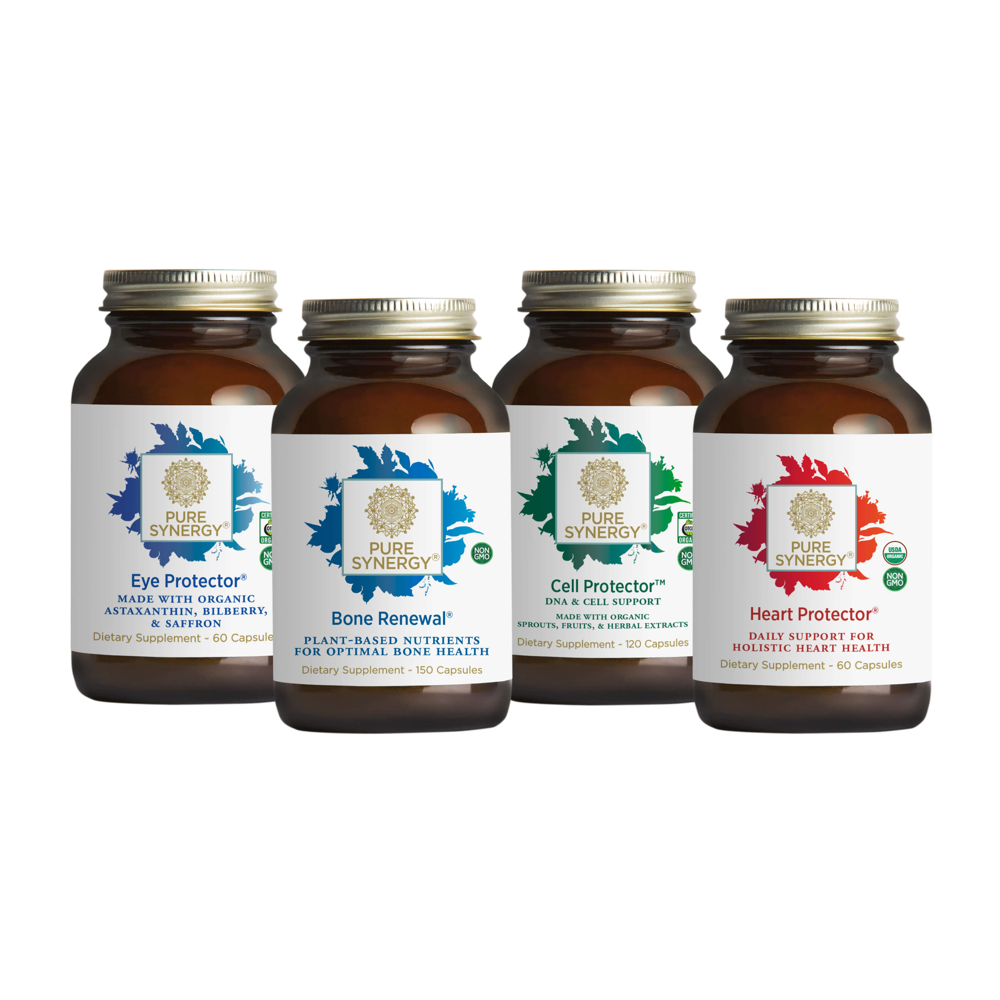 Four brown supplement bottles from Pure Synergy’s Longevity Bundle are arranged in a row, labeled Eye Protector, Bone Renewal, Cell Protector, and Heart Protector, each with distinctive colored accents and detailed product information.