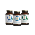 Three brown bottles of nutritional supplements from The Synergy Company, part of the Longevity Bundle, are showcased. Each promotes eye protection, bone health, and cellular health and features a white label with blue and green accents, proudly displaying the names: Eye Protector, Bone Renewal, and Cell Protector.