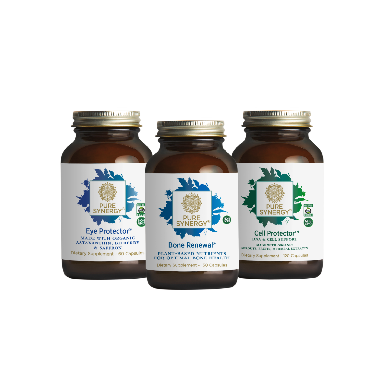 Three brown bottles of nutritional supplements from The Synergy Company, part of the Longevity Bundle, are showcased. Each promotes eye protection, bone health, and cellular health and features a white label with blue and green accents, proudly displaying the names: Eye Protector, Bone Renewal, and Cell Protector.