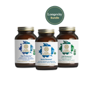 Image of three brown bottles with white labels on a white background, labeled The Synergy Company. These are part of the Longevity bundle, featuring dietary supplements including Eye Protector for vision support, Bone Renewal for bone health, and Cell Protector to enhance cellular health.