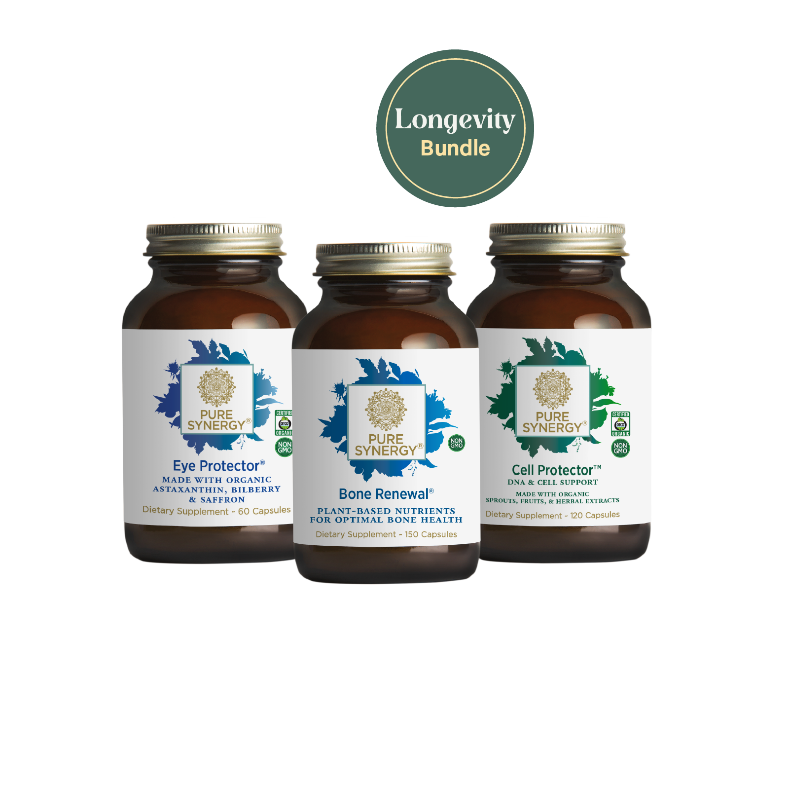 Image of three brown bottles with white labels on a white background, labeled The Synergy Company. These are part of the Longevity bundle, featuring dietary supplements including Eye Protector for vision support, Bone Renewal for bone health, and Cell Protector to enhance cellular health.