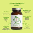 A brown glass jar labeled The Synergy Company Organic Matcha Power® Powder features amber glass, aluminum lids, USDA organic certification, no chemicals or fillers, sustainably made, and sourced from Mt. Fuji, Japan.