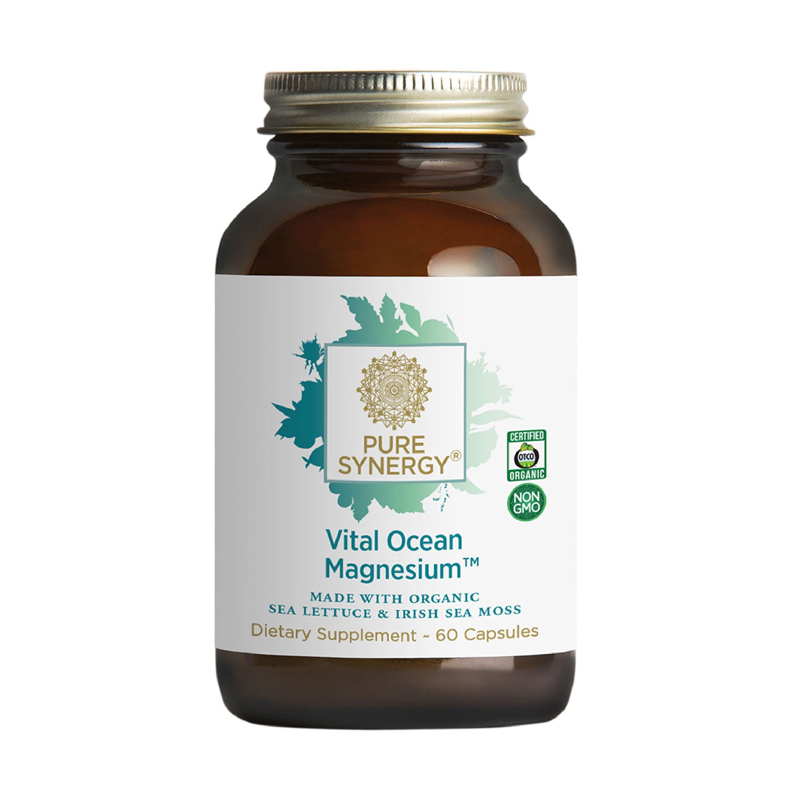 A brown bottle labeled Pure Synergy Vital Ocean Magnesium containing 60 capsules, described as a dietary supplement made with organic sea lettuce and Irish sea moss.