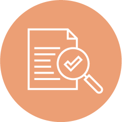 Icon of a document with lines of text and a magnifying glass showing a check mark, on an orange circle background.