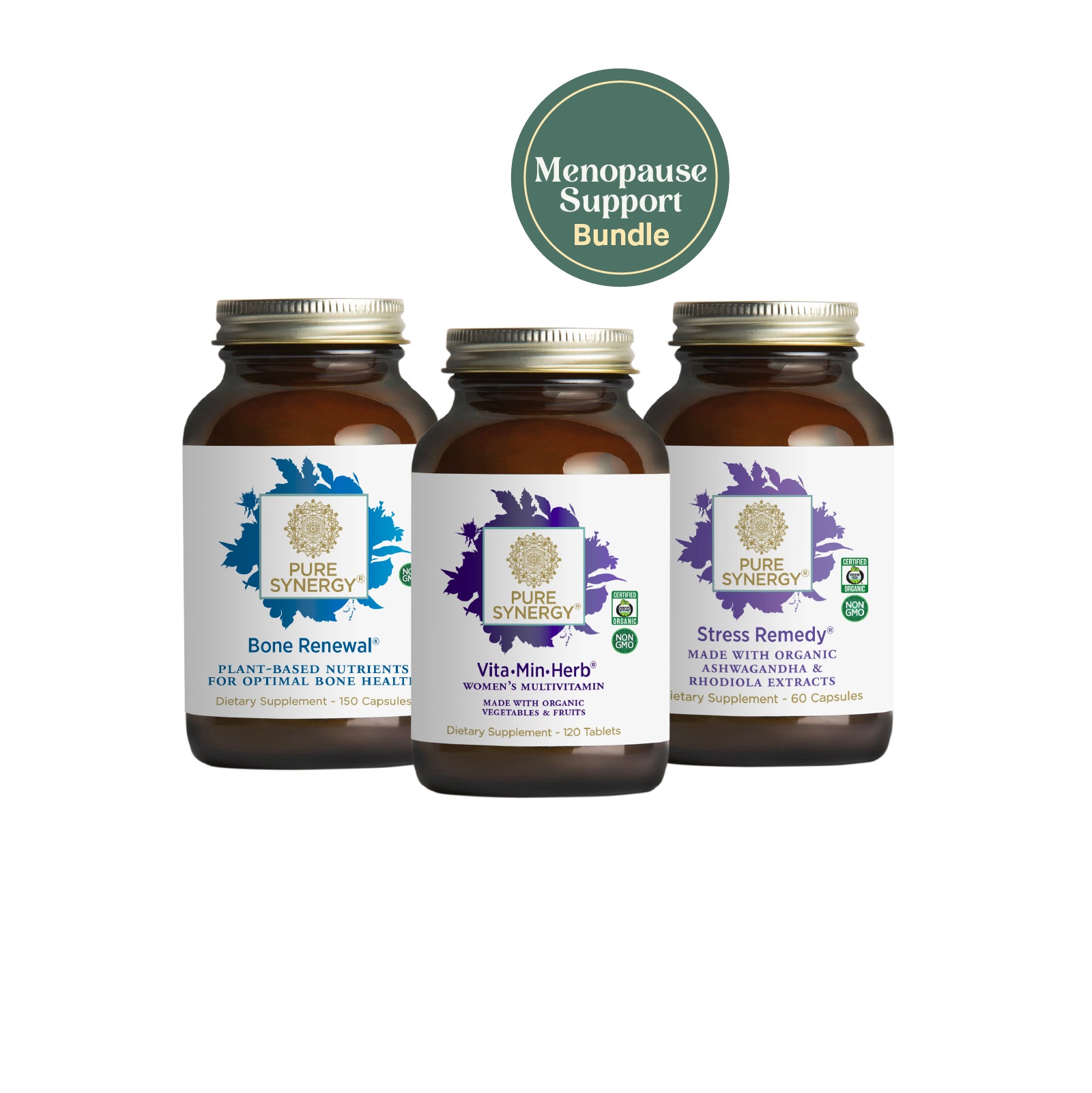 The Synergy Company Menopause Support Bundle—three brown supplement bottles for bone health and adrenal support—your go-to menopause supplements.