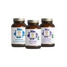 Three brown supplement bottles from The Synergy Company—Menopause Support Bundle—are arranged side by side against a white background, highlighting natural options for menopause and overall wellness.