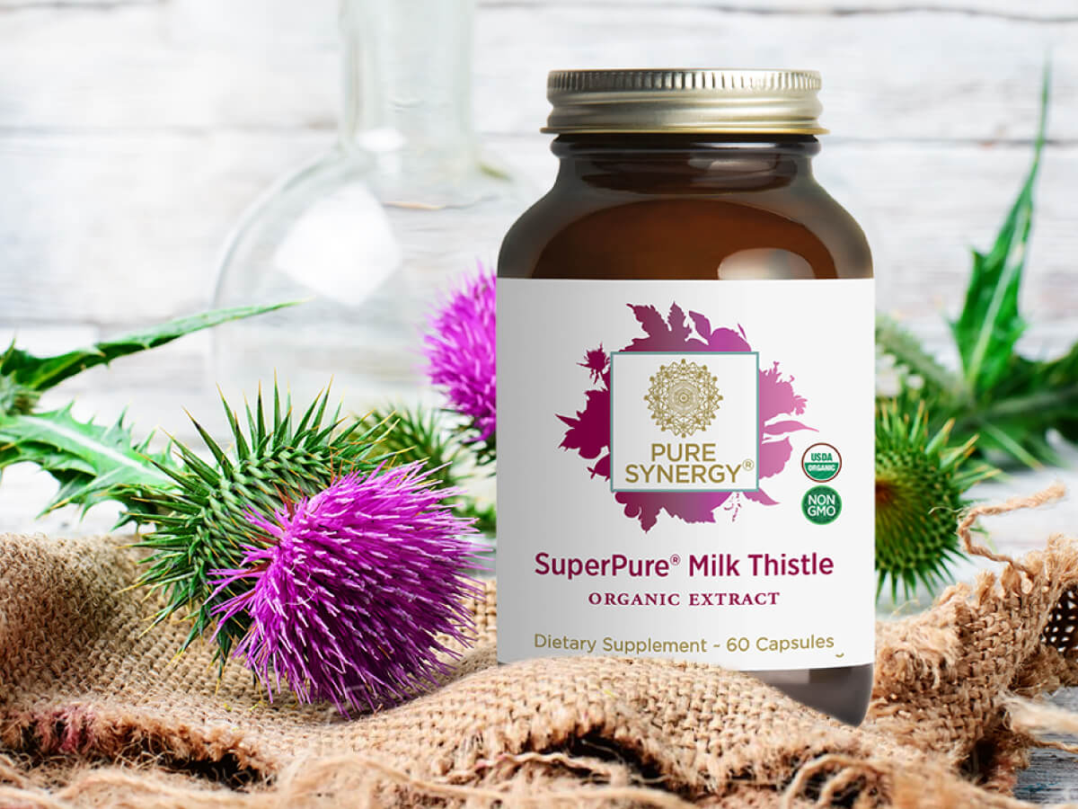 A brown bottle labeled Pure Synergy SuperPure Milk Thistle Organic Extract sits on burlap next to vibrant thistle flowers. The bottle displays USDA organic and non-GMO certifications. Background includes glassware and greenery.