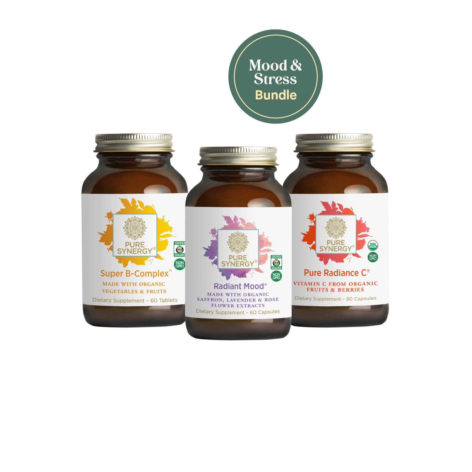 Three brown supplement bottles from The Synergy Company labeled “Super B-Complex,” “Radiant Mood,” and “Pure Radiance C” are shown with a green circle reading “Mood & Stress Balance Bundle”—for mood and stress support.