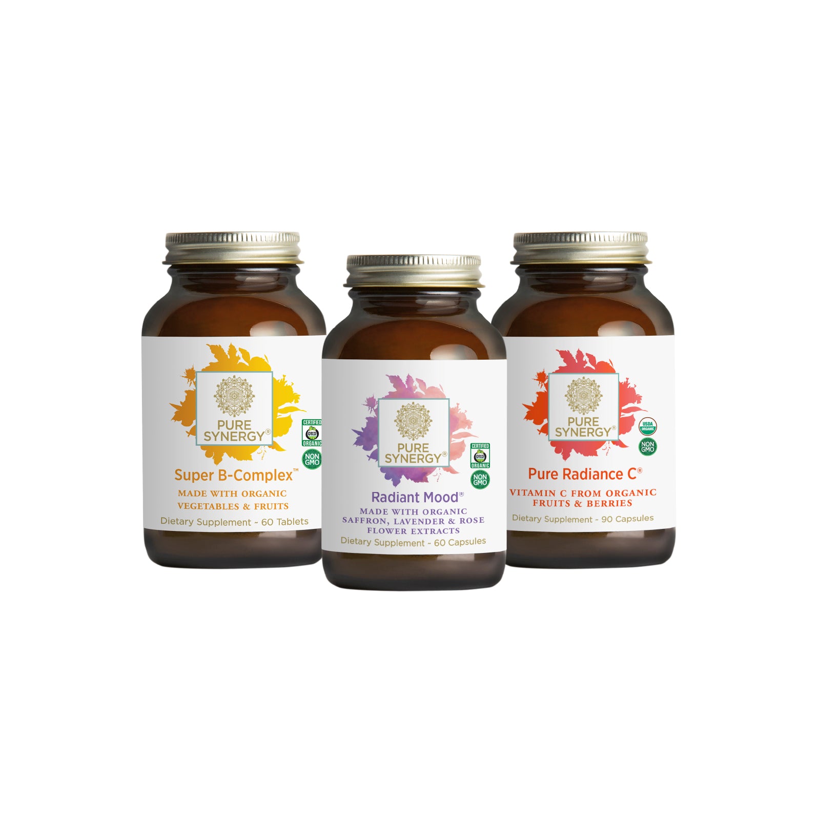 Three brown supplement bottles from The Synergy Company’s Mood & Stress Balance Bundle stand side by side, each with a colorful leaf label emphasizing support for stress balance and well-being.